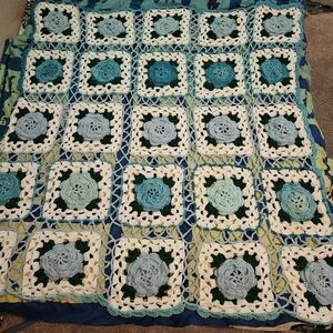 Handmade Crochet Blanket with Blue and White Squares